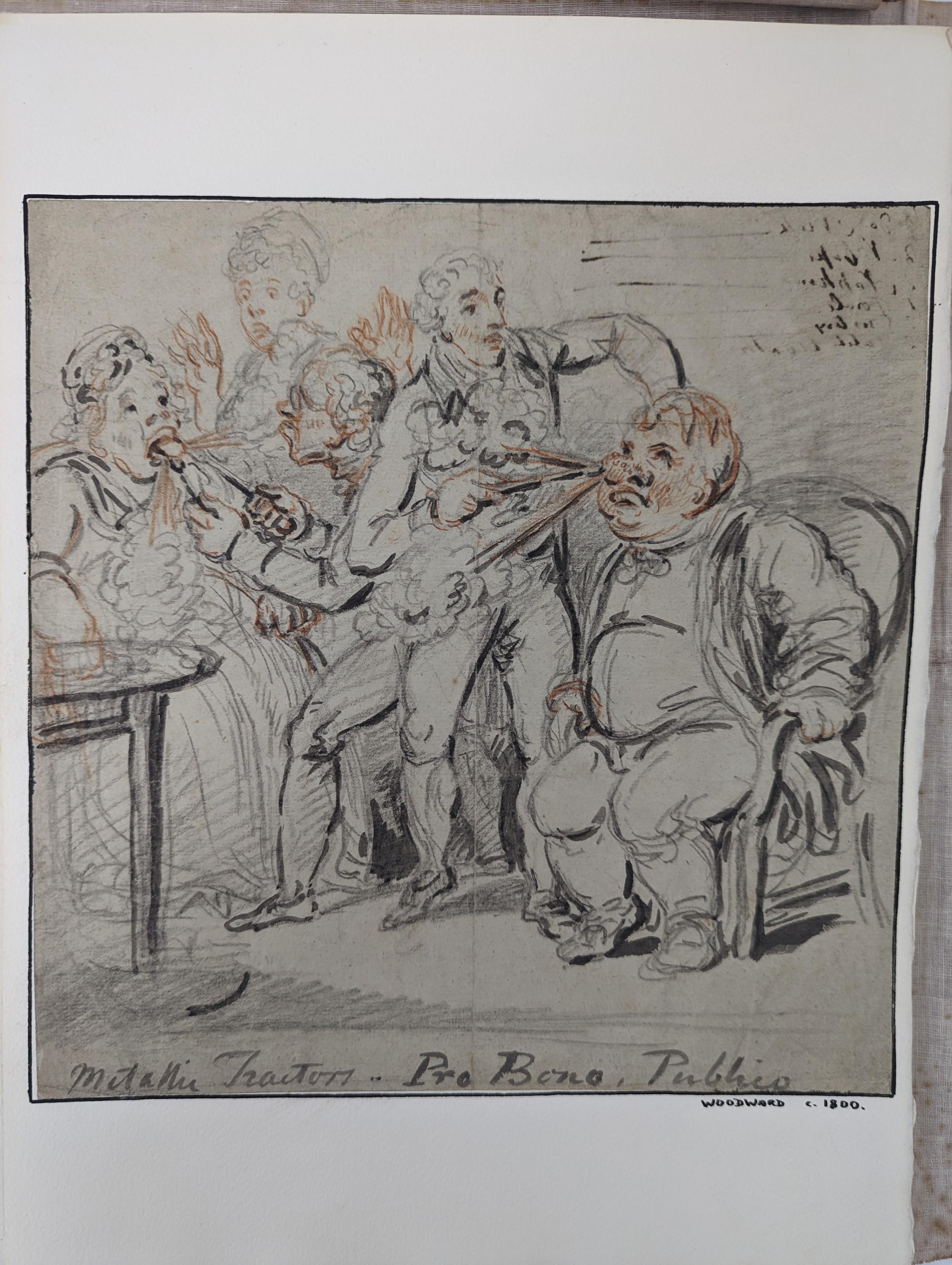 George Moutard Woodward (1760-1809) - ‘’Metallic Traitors. Pro Bono. Publico’’, a caricature of dentists extracting teeth, charcoal and red chalk, inscribed, 28 x 27.5cms; together with five other drawings and prints rel